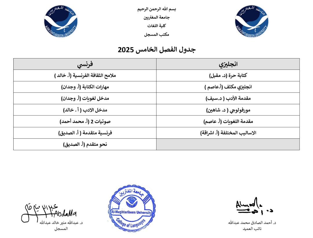 كلية اللغات - جداول الفصول الدراسية الخامس والسابع 